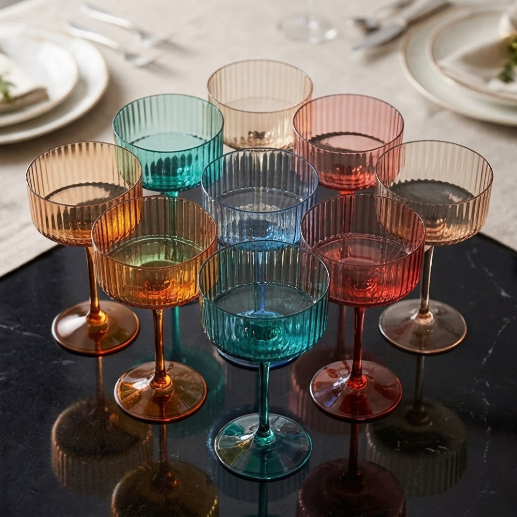 Multi-Color Ribbed Vintage Coupe Glass Set - 6 Pieces