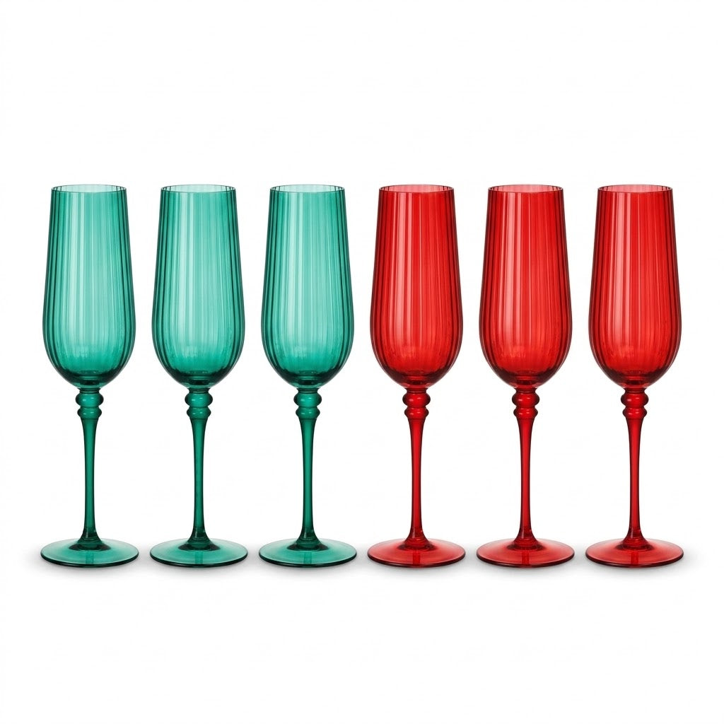 Emerald Green & Ruby Red Ribbed Champagne Flute Set