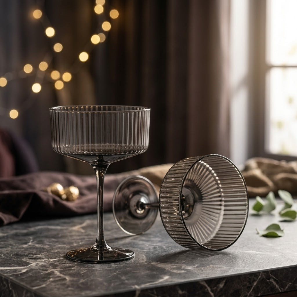 Smoke Gray Ribbed Coupe Glass Set