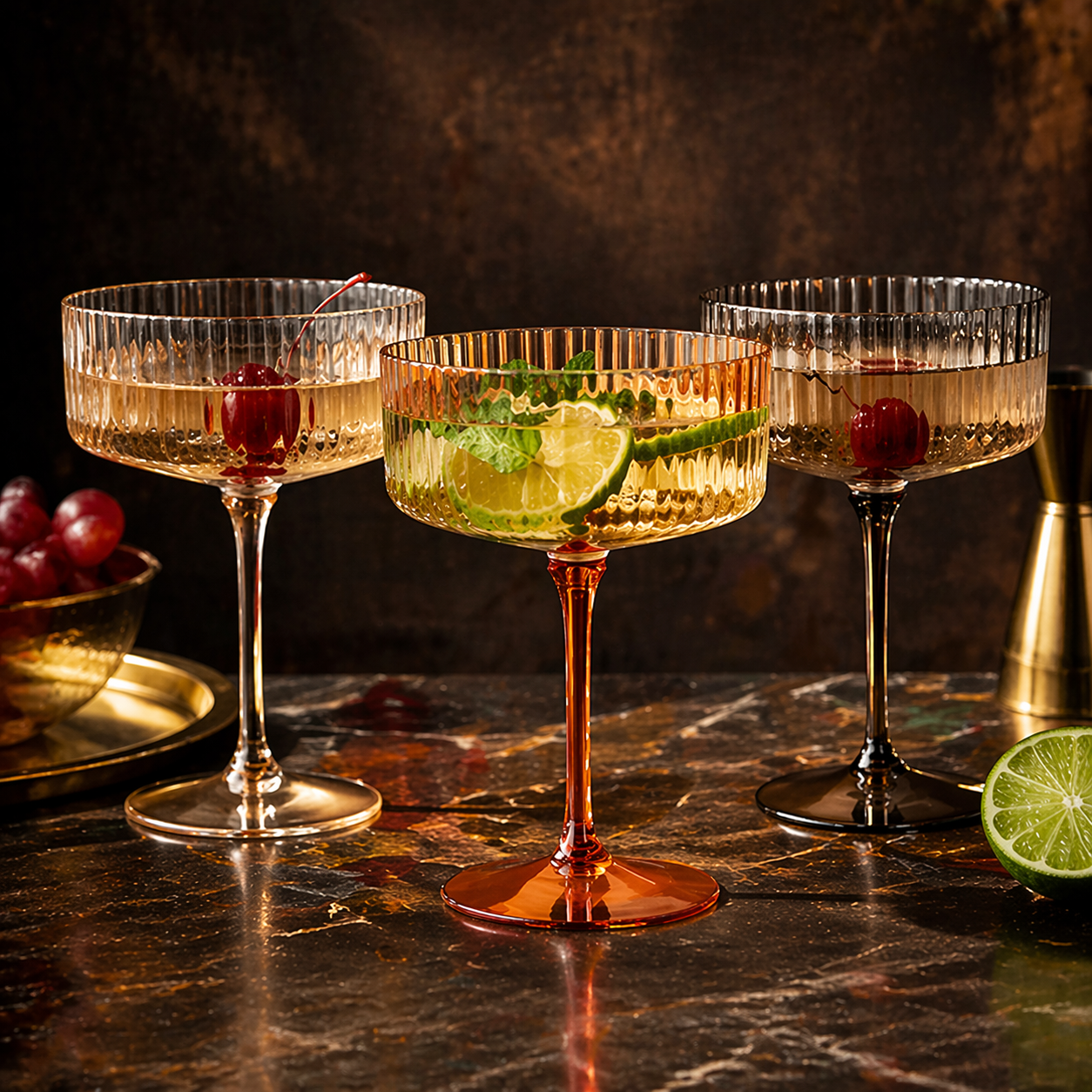 Mixed Amber Vintage Ribbed Coupe Glass Set