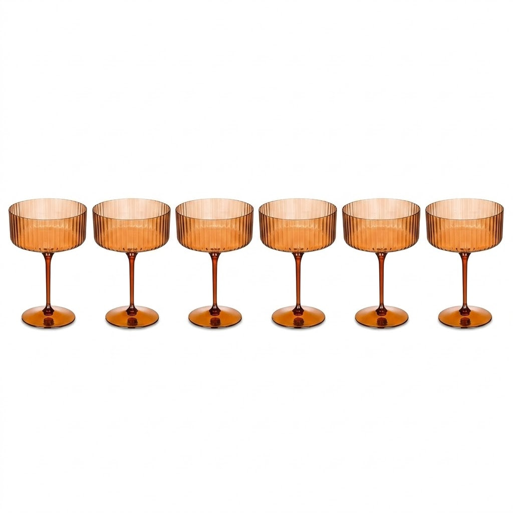 Warm Amber Ribbed Coupe Glass Set