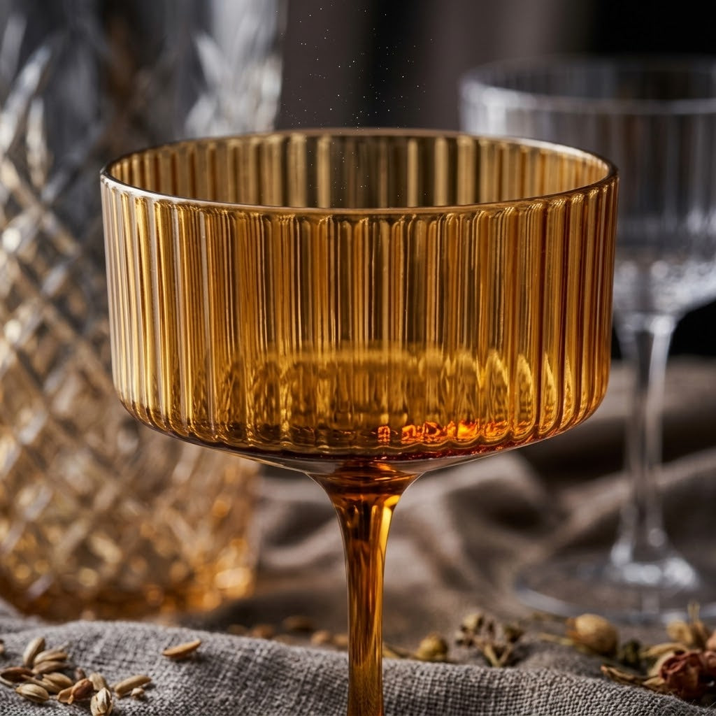 Warm Amber Ribbed Coupe Glass Set