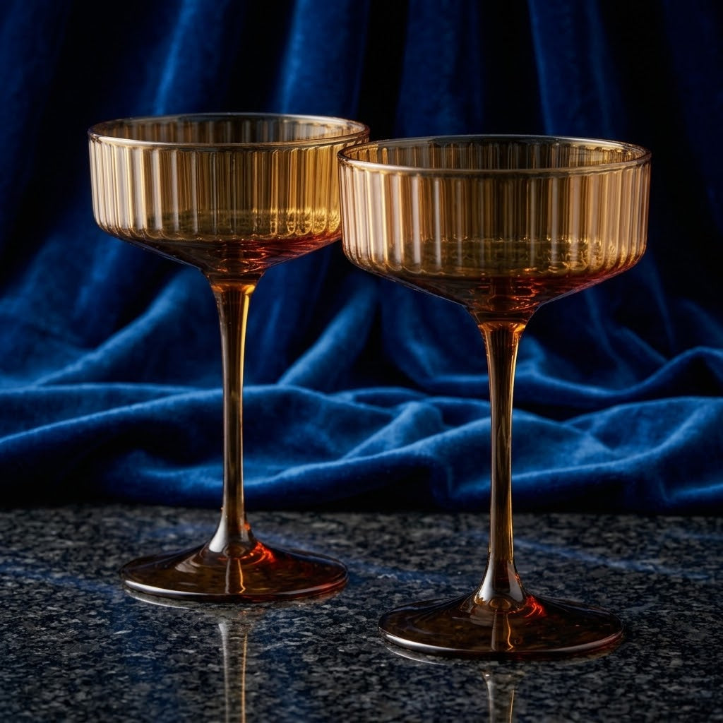 Warm Amber Ribbed Coupe Glass Set