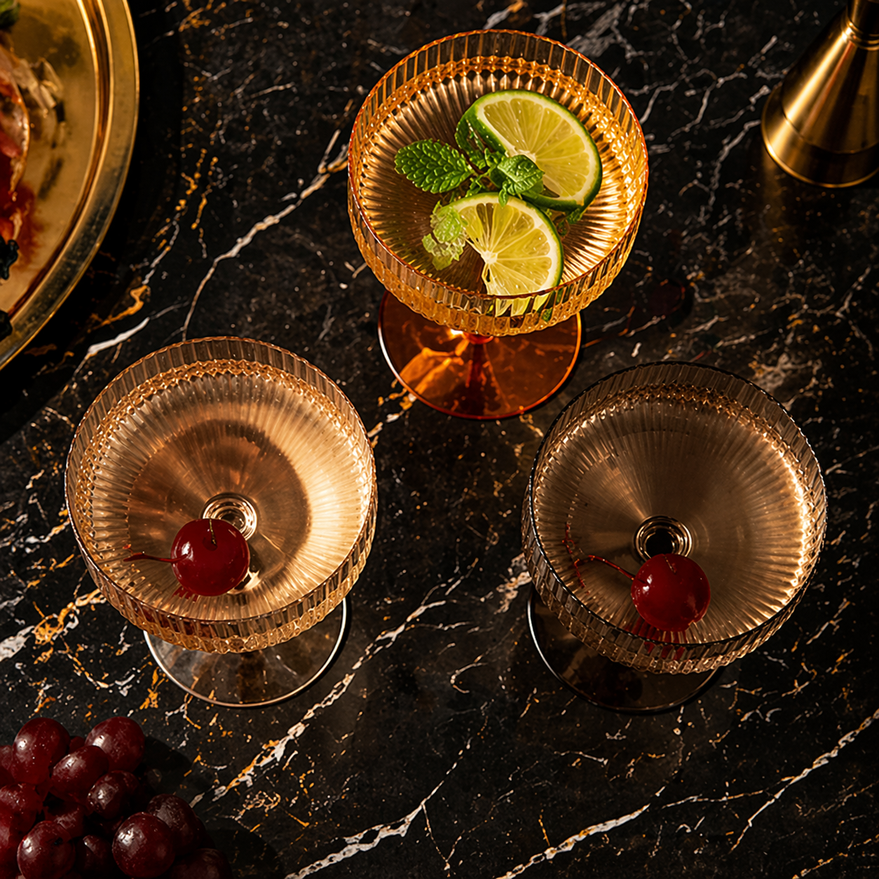 Mixed Amber Vintage Ribbed Coupe Glass Set