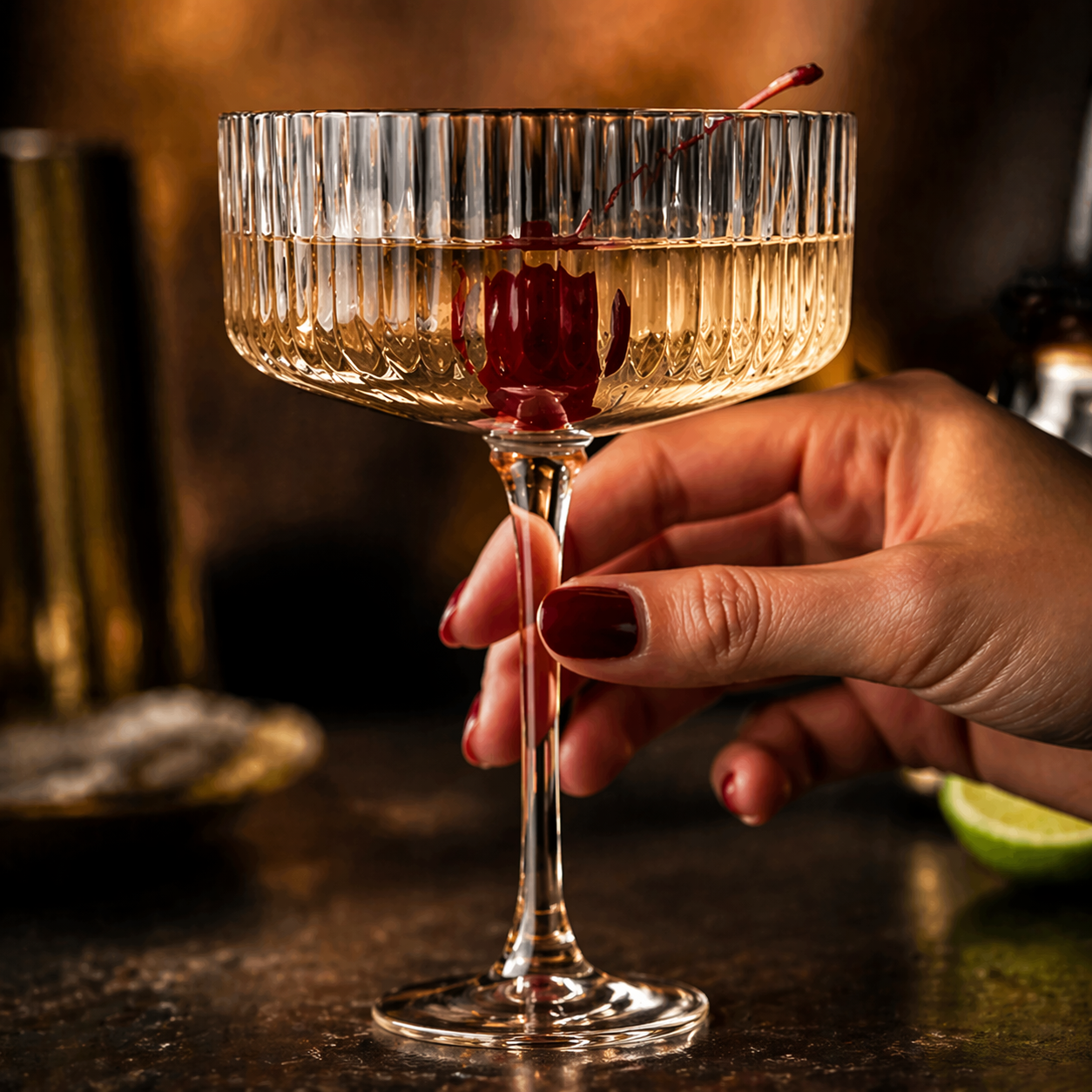 Mixed Amber Vintage Ribbed Coupe Glass Set