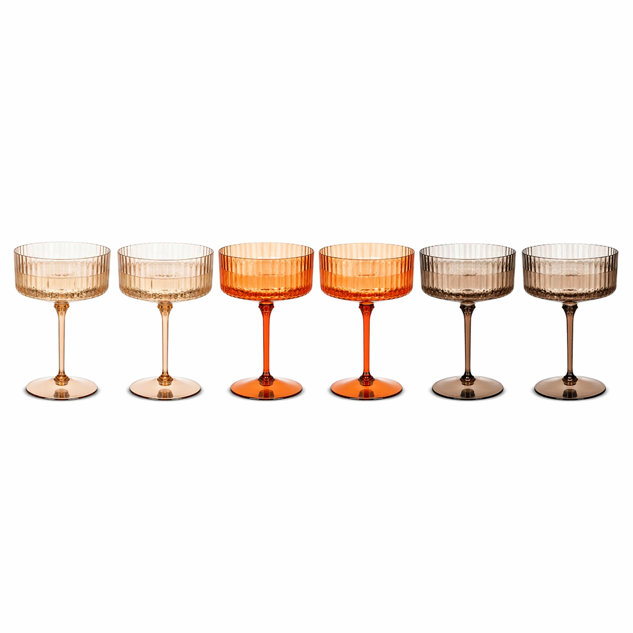 Mixed Amber Vintage Ribbed Coupe Glass Set