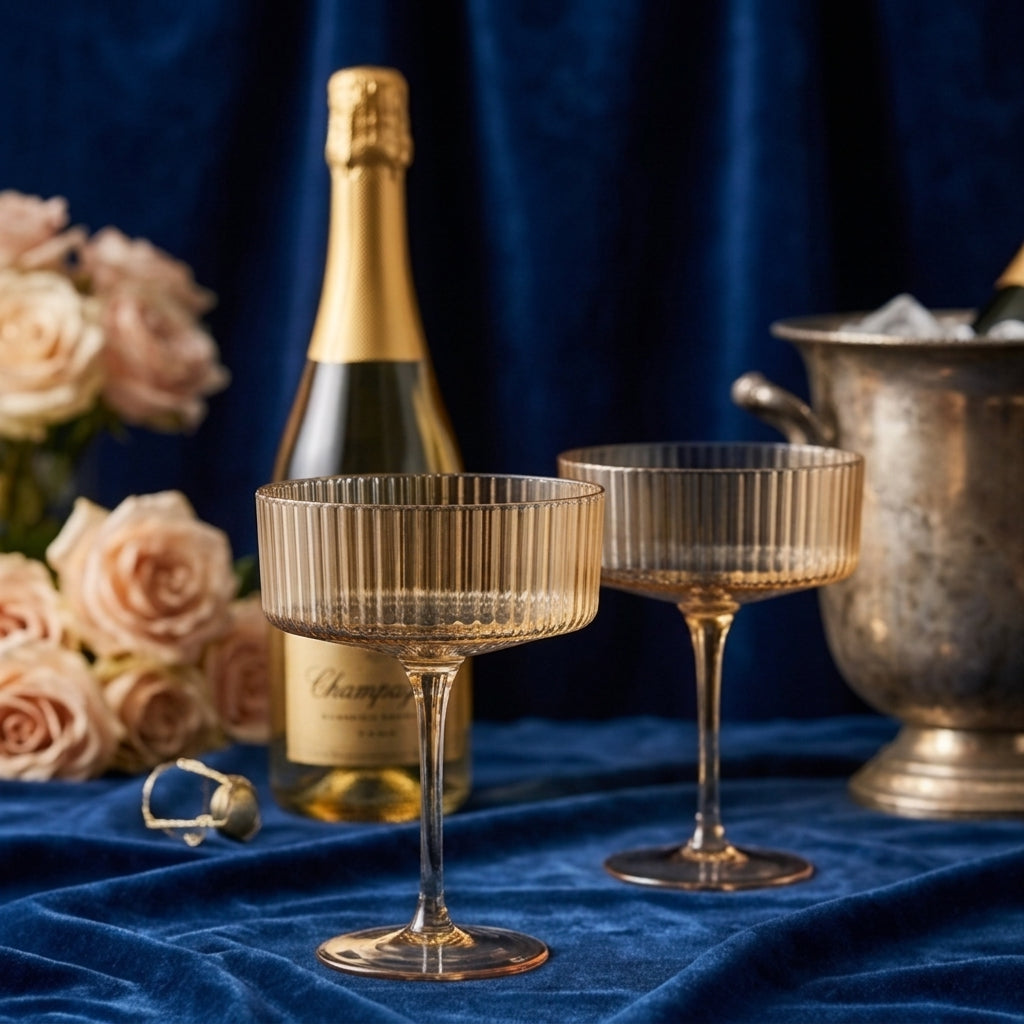 Amber Gold Ribbed Coupe Glass Set