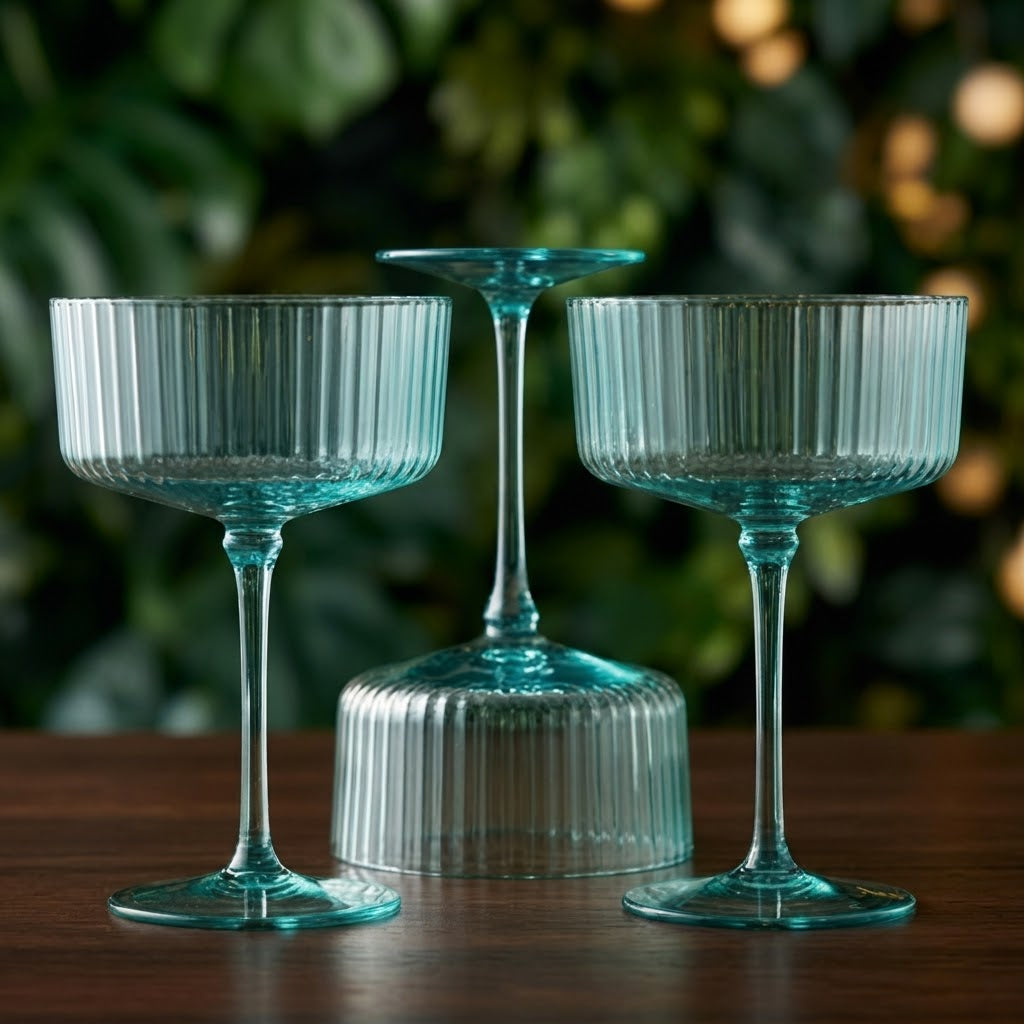 Aqua Blue Ribbed Coupe Glass Set