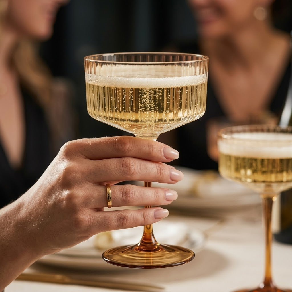 Warm Amber Ribbed Coupe Glass Set