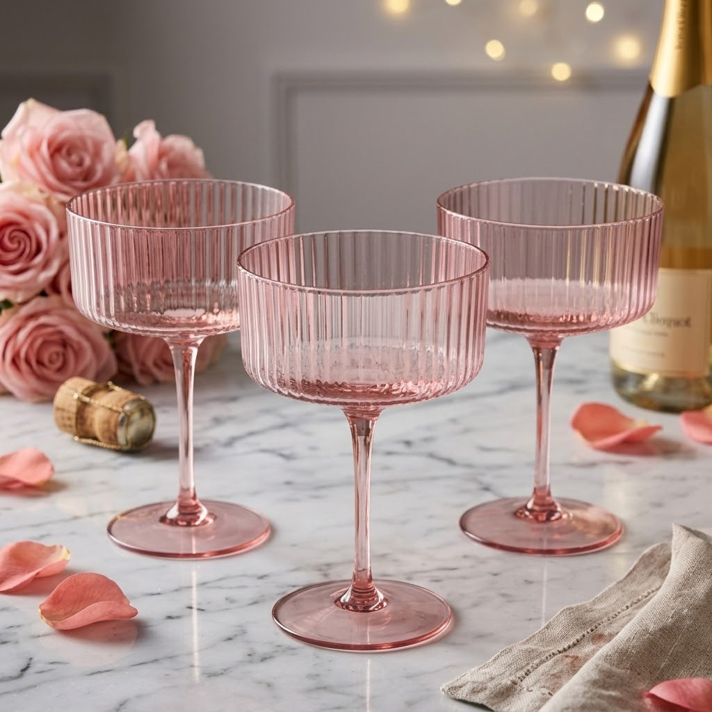 Soft Pink Ribbed Coupe Glass Set