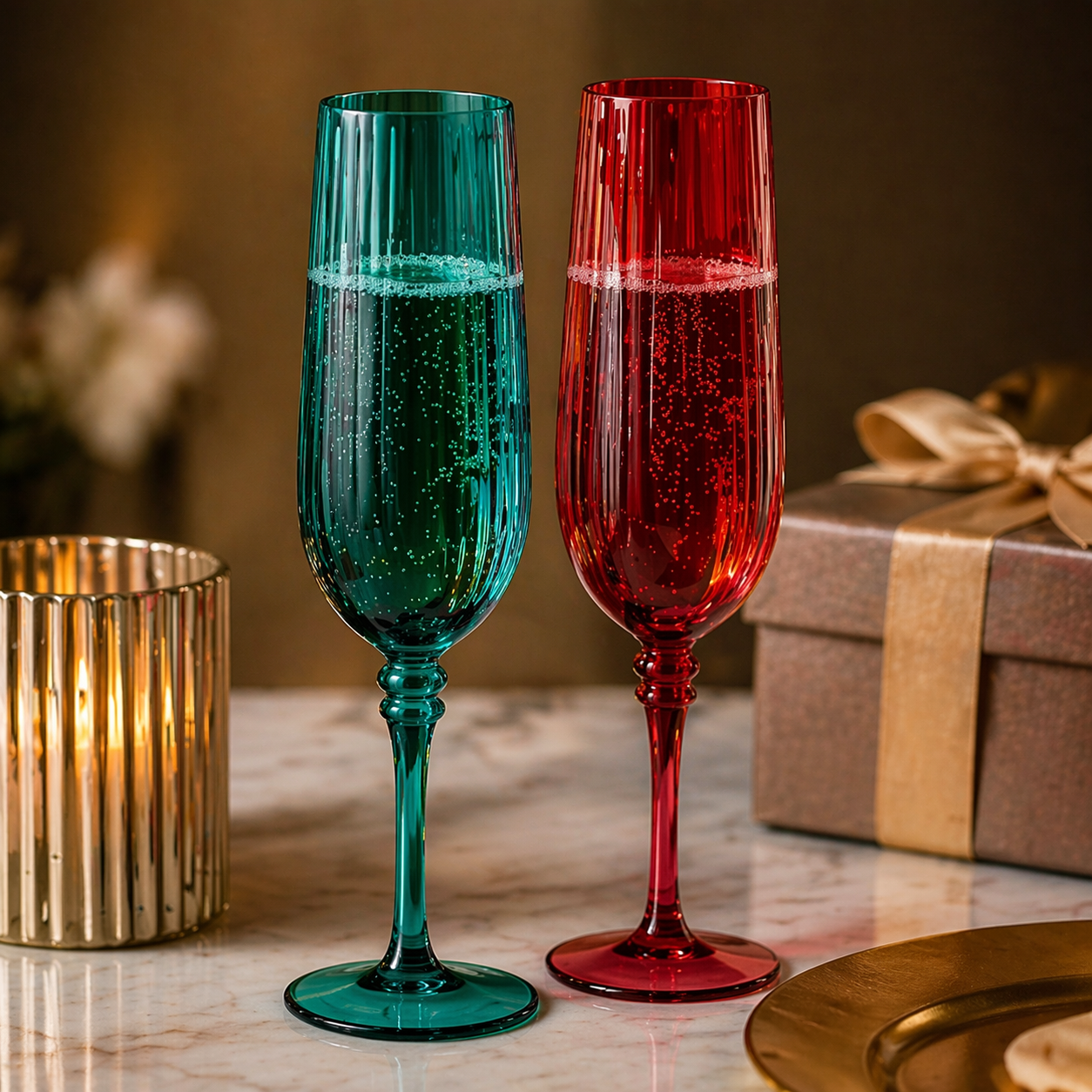 Emerald Green & Ruby Red Ribbed Champagne Flute Set