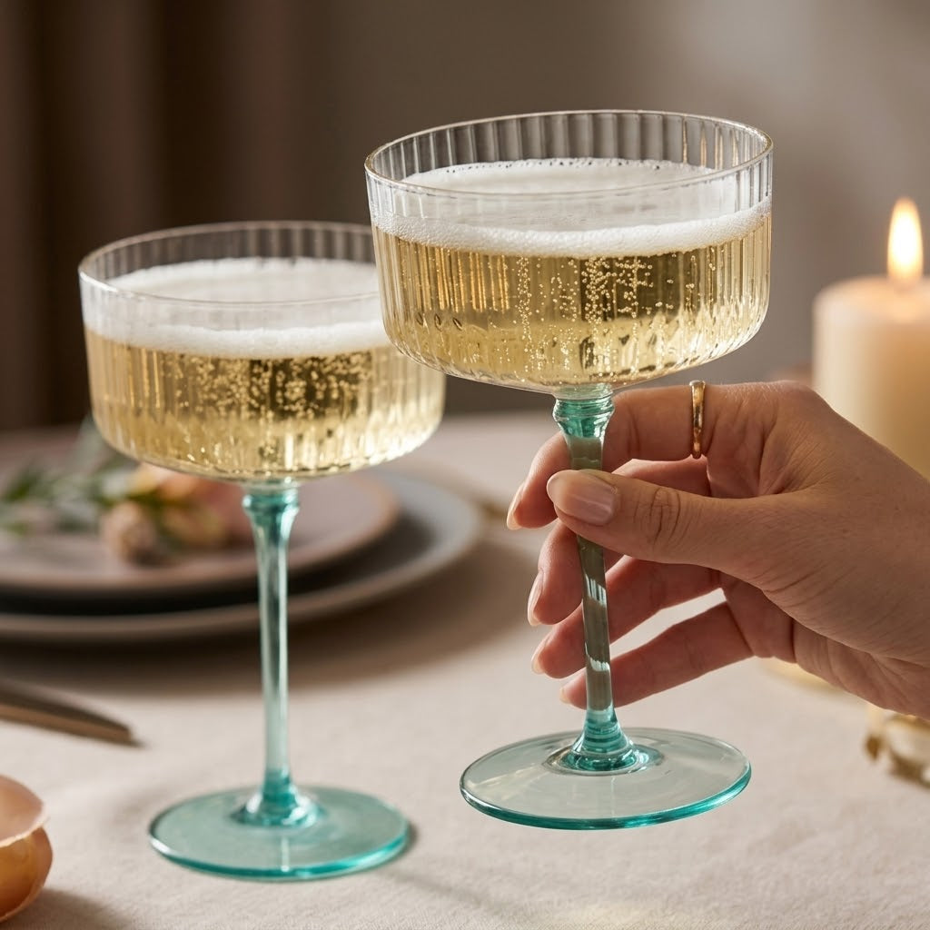 Aqua Blue Ribbed Coupe Glass Set