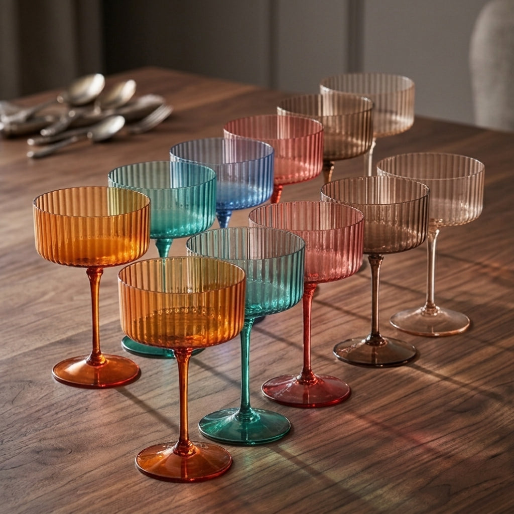 Multi-Color Ribbed Vintage Coupe Glass Set - 6 Pieces