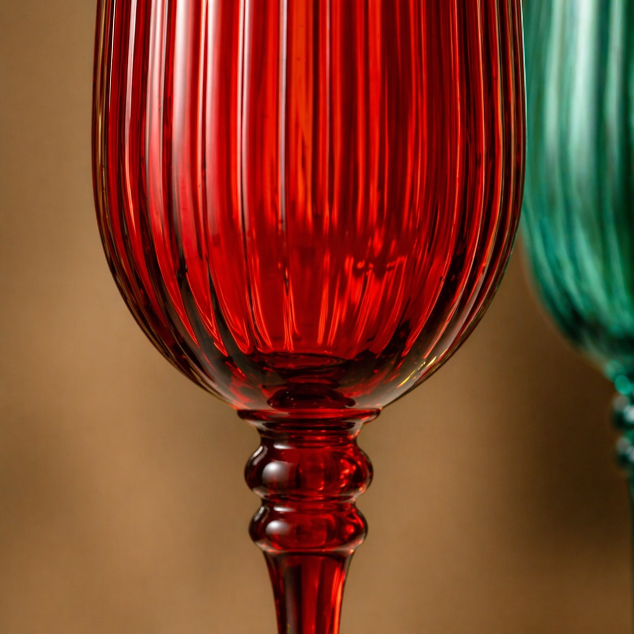 Emerald Green & Ruby Red Ribbed Champagne Flute Set