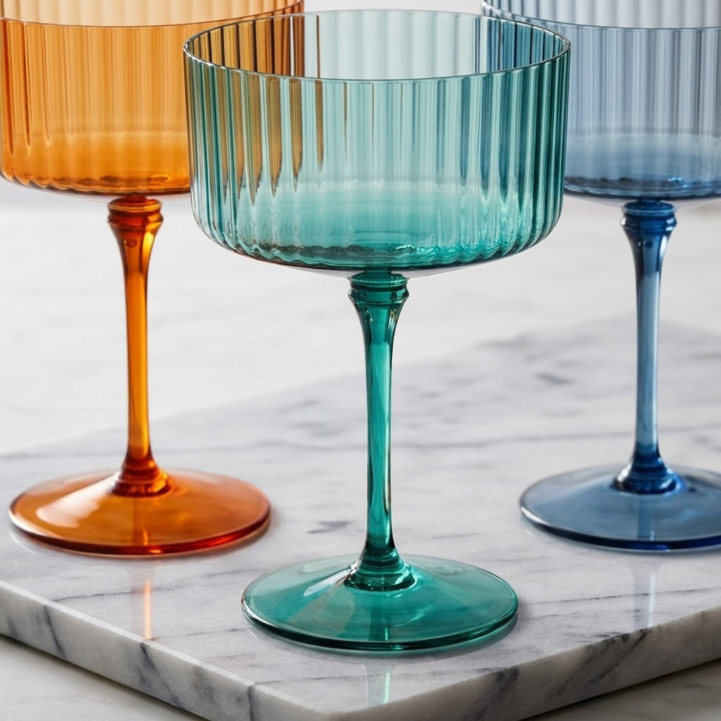 Multi-Color Ribbed Vintage Coupe Glass Set - 6 Pieces