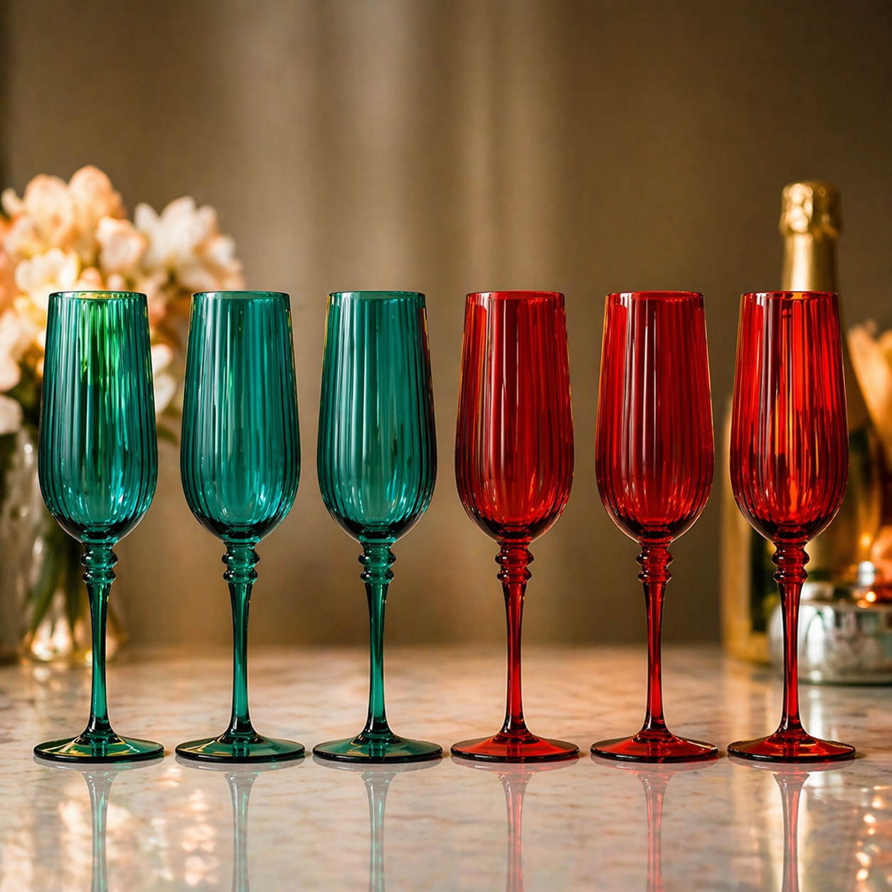 Emerald Green & Ruby Red Ribbed Champagne Flute Set