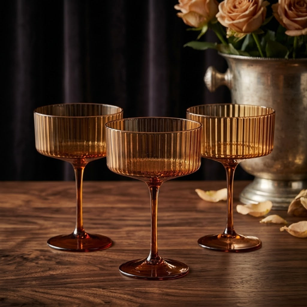 Warm Amber Ribbed Coupe Glass Set