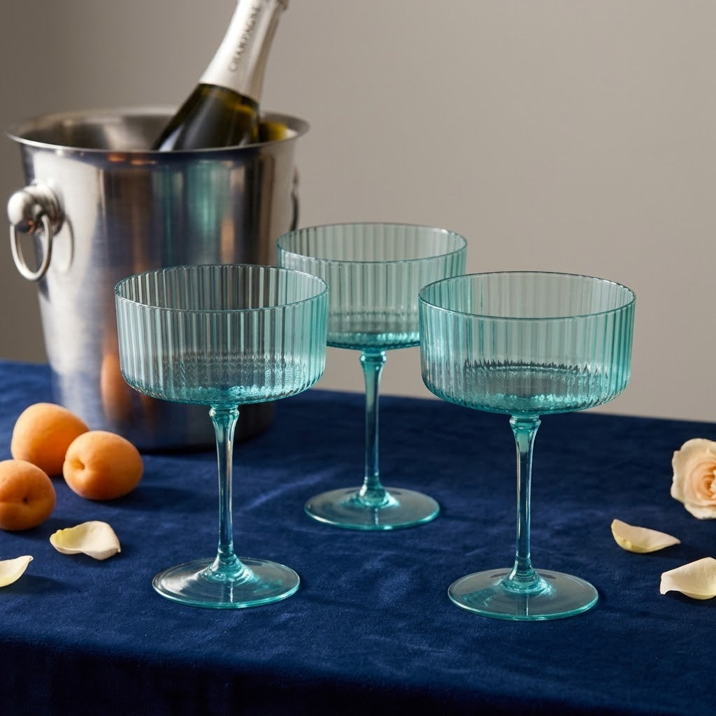 Aqua Blue Ribbed Coupe Glass Set