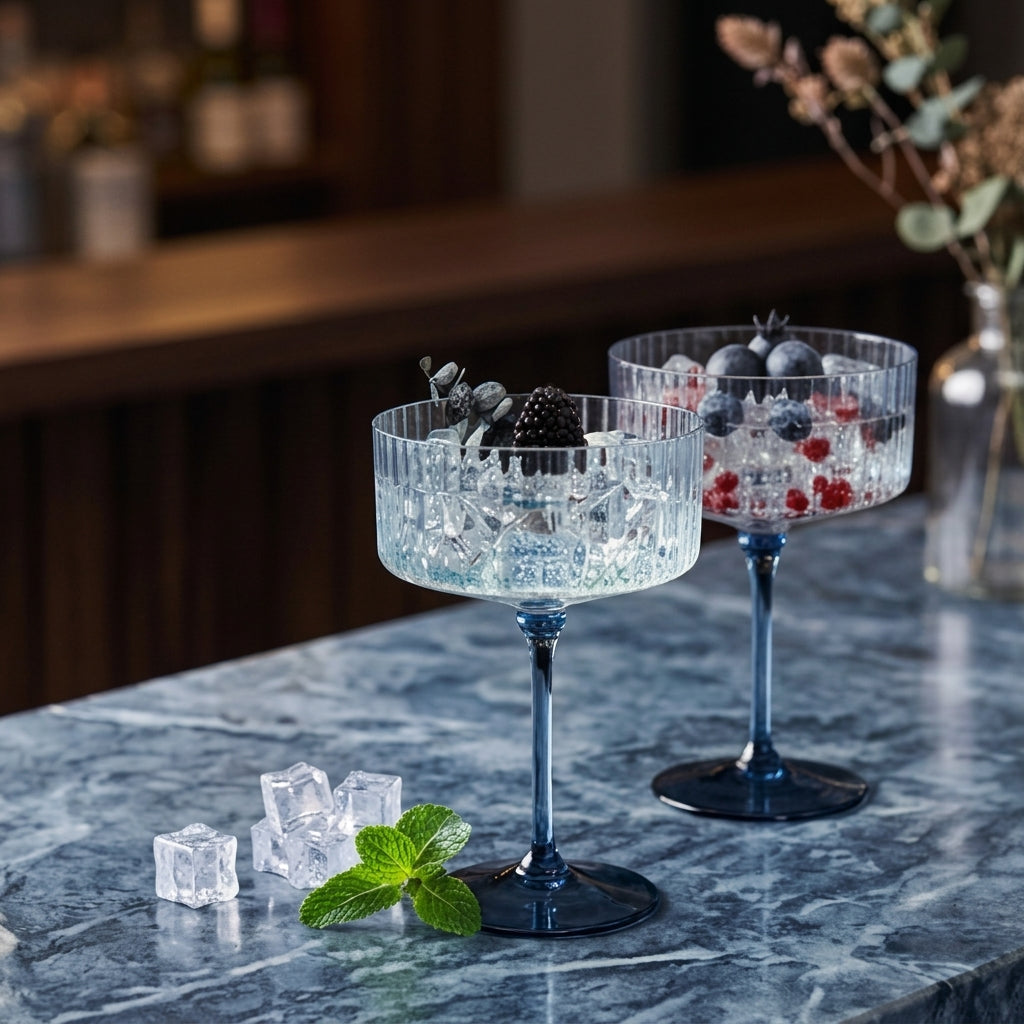 Blue Ribbed Coupe Glass Set