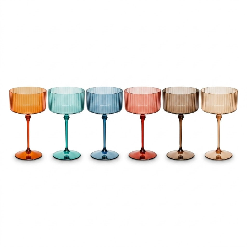 Multi-Color Ribbed Vintage Coupe Glass Set - 6 Pieces